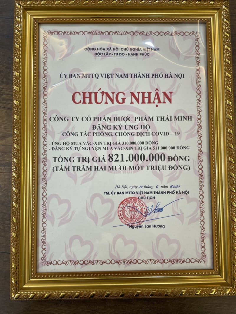 Dược phẩm Thái Minh ủng hộ Uỷ ban MTTQ Việt Nam 821.000.000 đồng